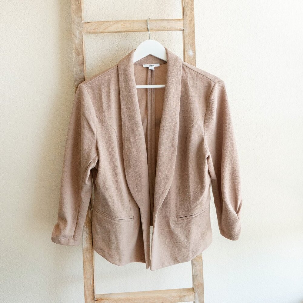 Bar III Size Petite Large Tan Warm Ginger Open Front Jacket with Ruched Sleeves